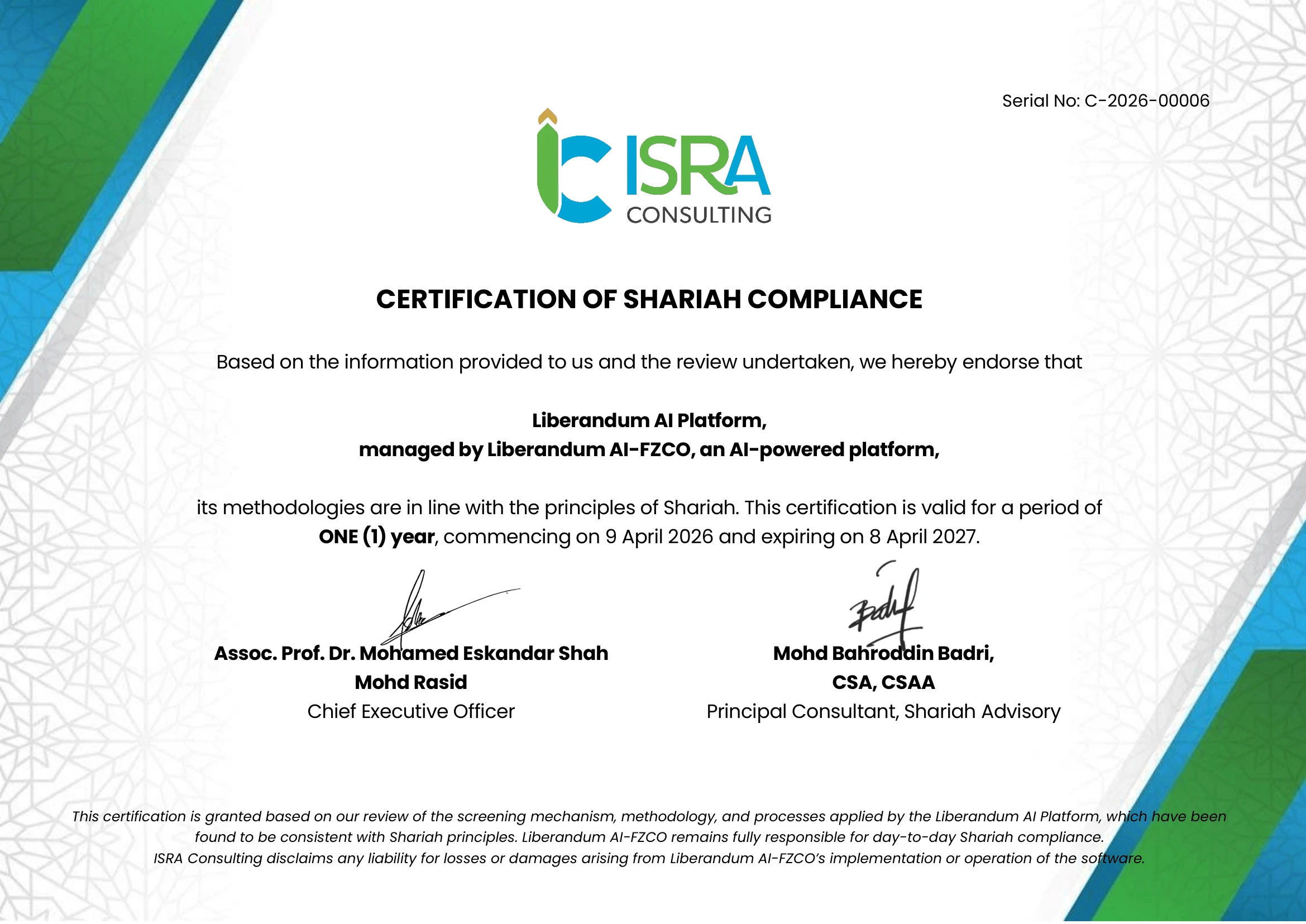 Shariah Compliance Certificate